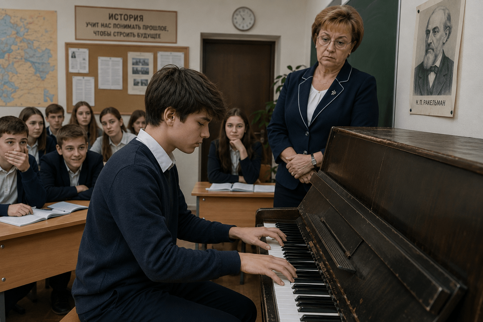 Учительница вызвала новичка к пианино,